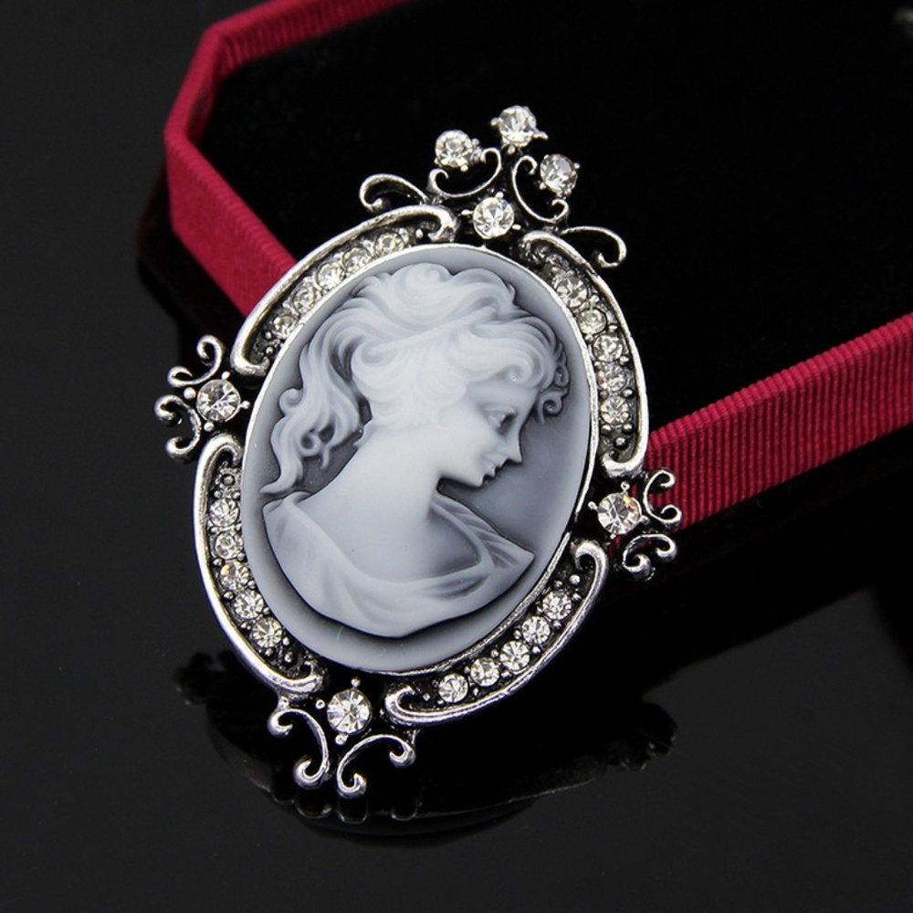 Victorian Style Antiqued Silver Cameo Pin Brooch
